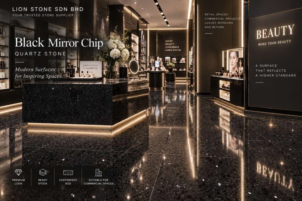 Black Mirror Chip quartz stone counter and floor in a cosmetics boutique
