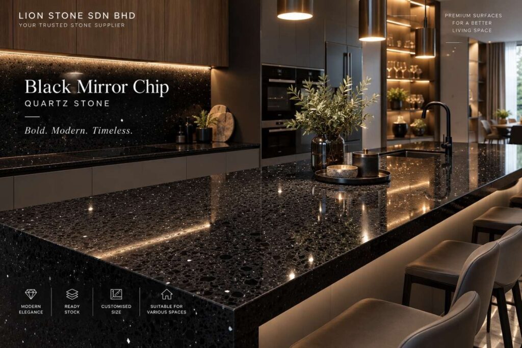 Black Mirror Chip quartz stone kitchen island with wood cabinetry