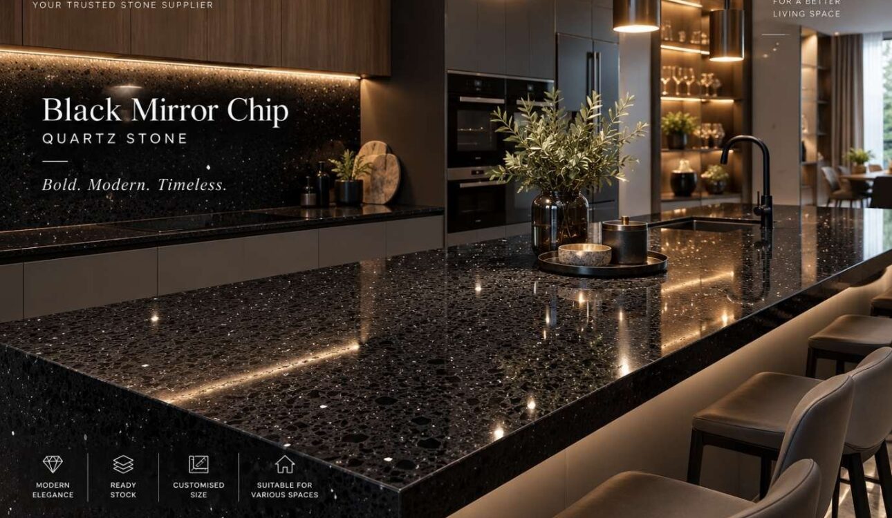 Black Mirror Chip quartz stone kitchen island with wood cabinetry