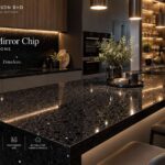 Black Mirror Chip quartz stone kitchen island with wood cabinetry